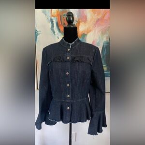 Scripted Women's Dark Blue Jean Jacket with Ruffle Details